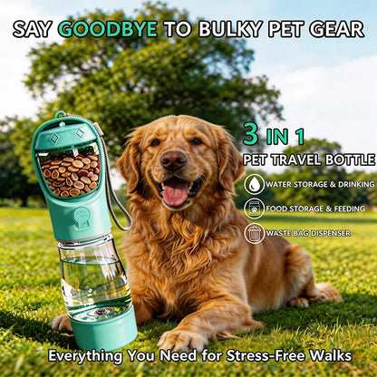 3-in-1 Portable Pet Water & Treat Bottle (20 Oz) - Leak-Proof Dog Water Container with Integrated Poop Bag Dispenser for Travel, Hiking, and Outdoor Activities