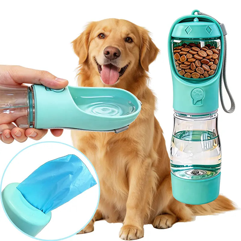 3-in-1 Portable Pet Water & Treat Bottle (20 Oz) - Leak-Proof Dog Water Container with Integrated Poop Bag Dispenser for Travel, Hiking, and Outdoor Activities