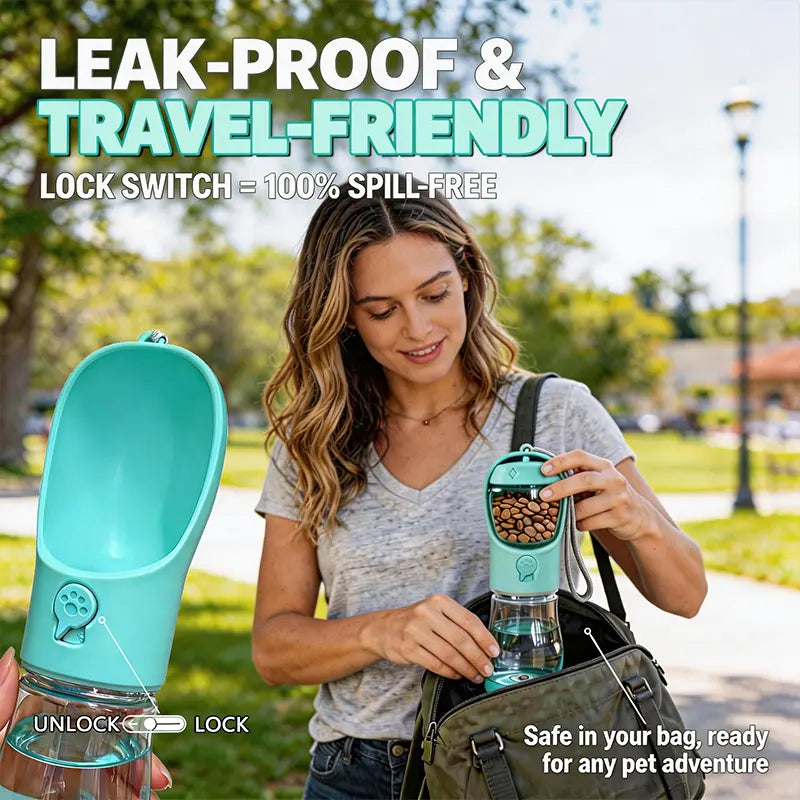 3-in-1 Portable Pet Water & Treat Bottle (20 Oz) - Leak-Proof Dog Water Container with Integrated Poop Bag Dispenser for Travel, Hiking, and Outdoor Activities